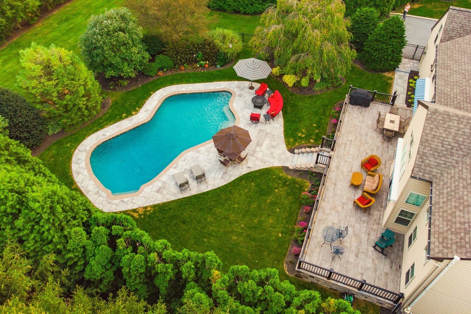 Aerial view of a freeform pool and paver patio with red furniture and umbrellas