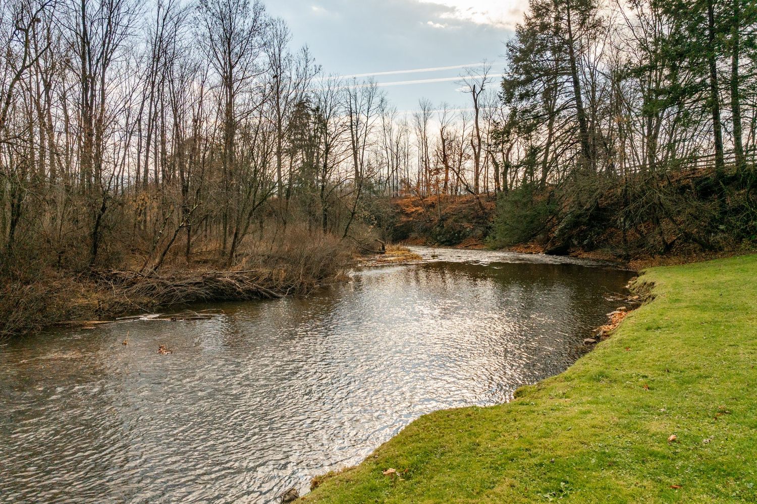 A winding creek lined with bare trees runs past a grassy lawn