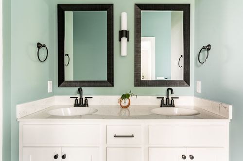 Sage green bathroom with a double vanity, black-framed mirrors and gold fixtures