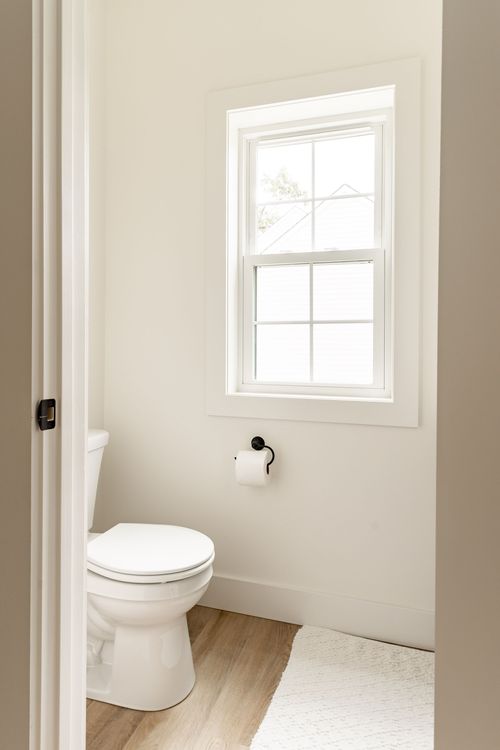 Powder room with a toilet, window and a black towel ring