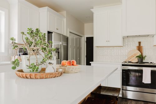 White kitchen counter styled with a potted plant and fruit bowl beside the range