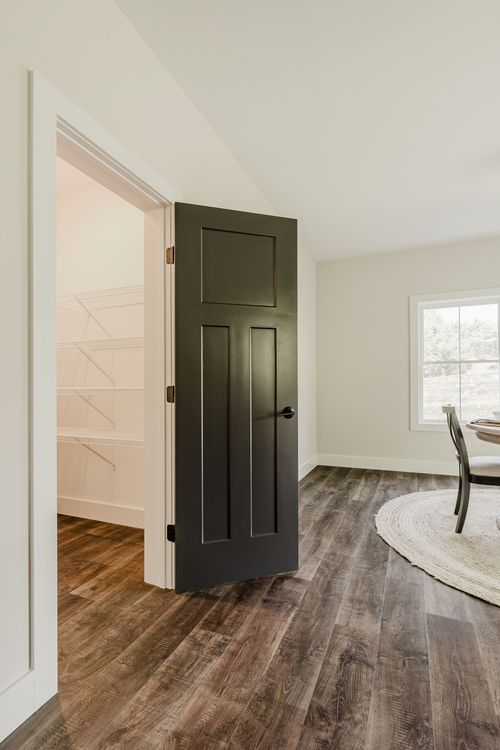Dark paneled door open to a walk-in closet off a hallway with wood flooring