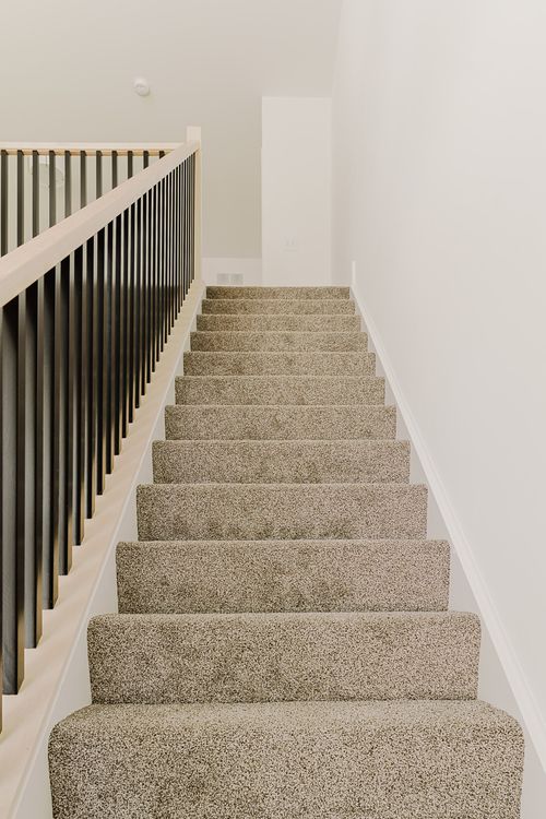 Carpeted staircase with a wood and black metal railing