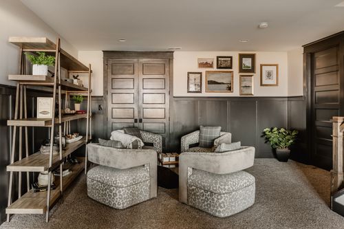 Basement lounge with leopard-print swivel chairs and open wood shelving