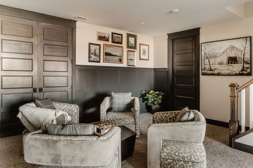 Basement lounge with leopard-print chairs, dark wainscoting and a gallery wall