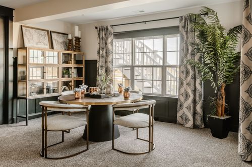 Basement dining area with a round table, black cabinet and potted palm