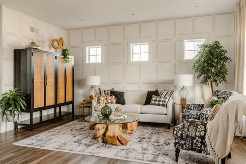 Living room with a black front door, patterned chairs and a live-edge coffee table