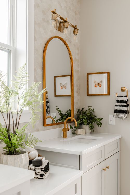 Bathroom vanity corner with a brass mirror, framed butterfly prints and potted greenery