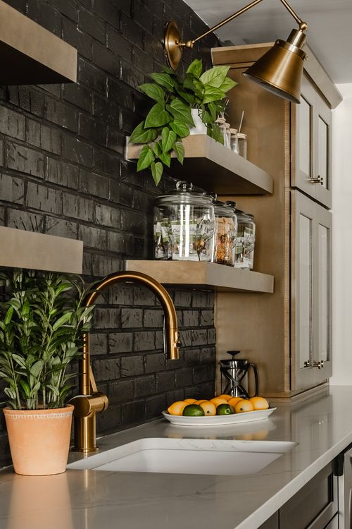 Bar countertop detail with a brass faucet, open shelving, potted plant and citrus bowl