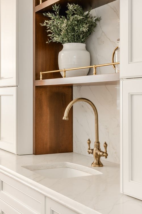 Wood bar shelving with a potted plant above a marble counter and brass bar faucet