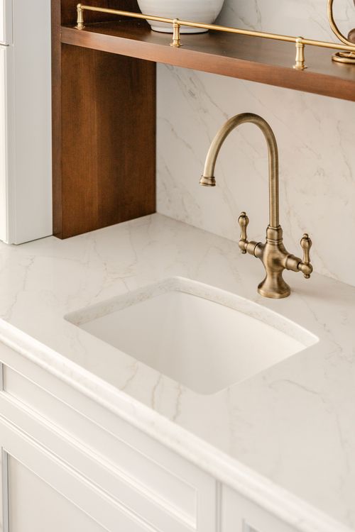 Close-up of a marble bar sink with a brass gooseneck faucet beneath wood display shelving