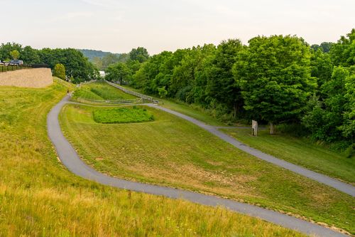 Paved walking trail winding through a grassy park bordered by a wooden fence and trees