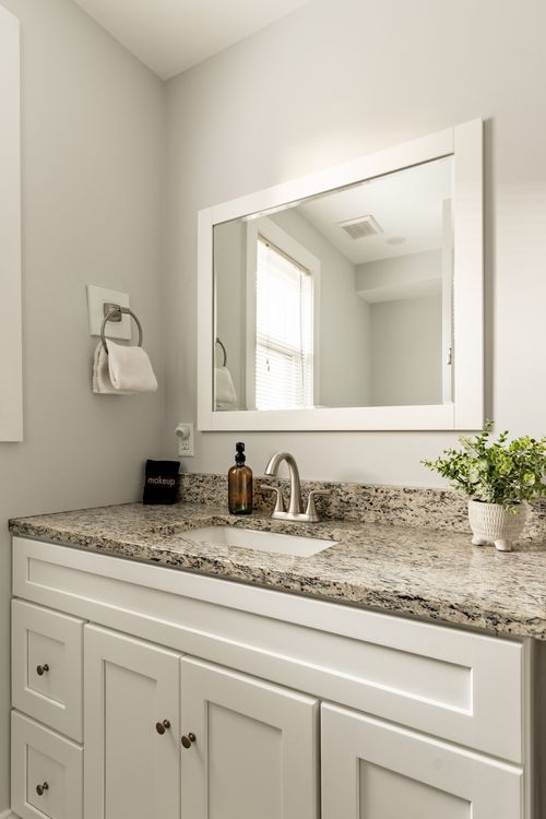 Bathroom vanity close-up with granite counter, farmhouse mirror and a potted plant