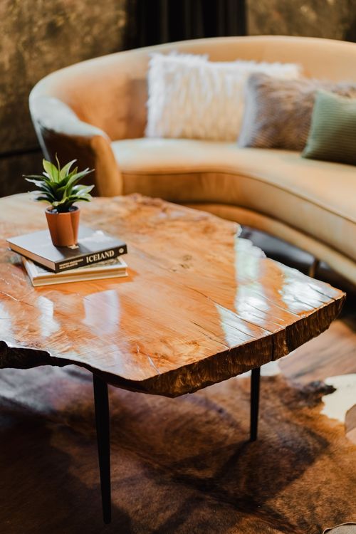 Close-up of a live-edge wood coffee table with a plant and books beside a sofa