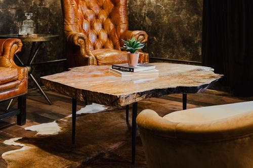Live-edge wood coffee table with a potted succulent and books beside leather chairs