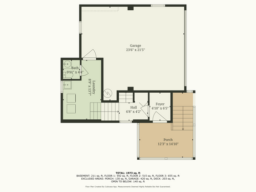 First floor plan showing the garage, laundry, bath, foyer and covered porch