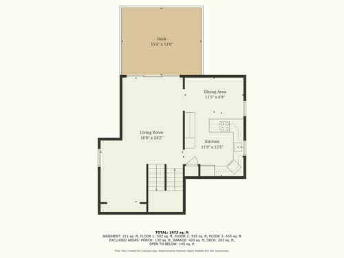 Second floor plan with deck, dining area, kitchen and living room dimensions