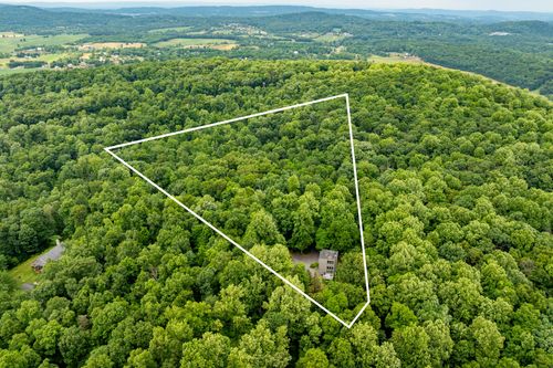 Aerial view of a wooded property with boundary lines overlaid around a hidden home