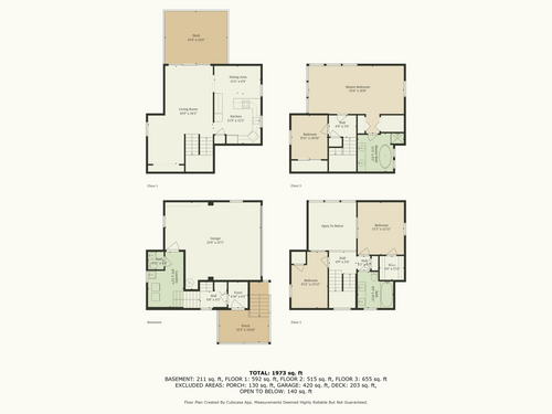 Floor plan overview showing all four levels of a modern home with room dimensions