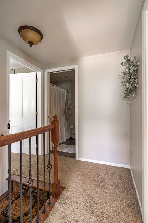 Upstairs hallway with carpet, wood stair railing and hanging greenery accent
