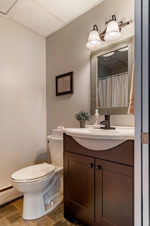 Bathroom with dark wood cabinet storage, window sill vase and toilet nook