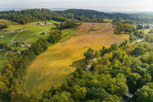 Aerial view of harvested golden fields winding through wooded hills near scattered homes