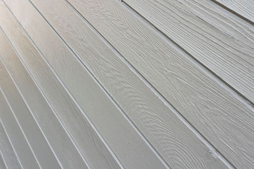 Close-up texture of cream wood-grain board and batten siding