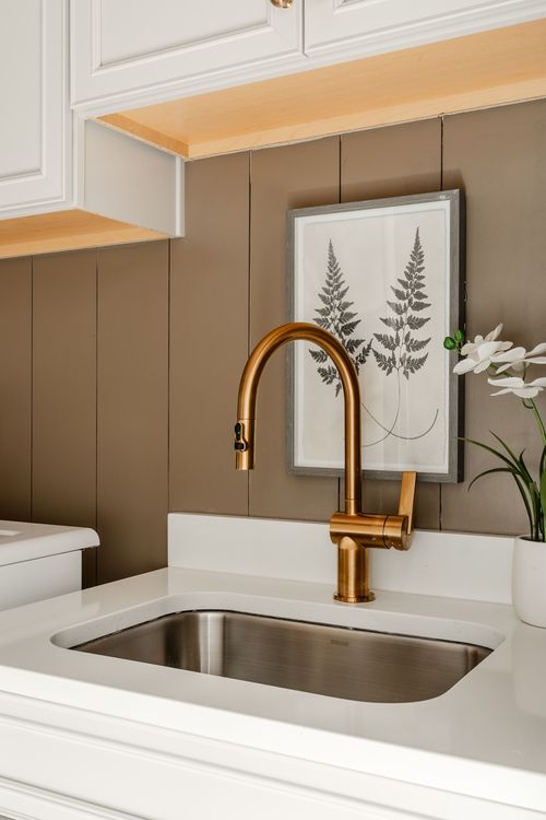Laundry room sink with a gold gooseneck faucet and framed fern artwork