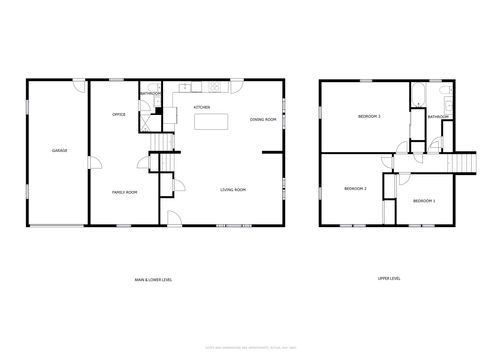 Floor plan diagram of a home showing the main and lower level layout beside the upper level