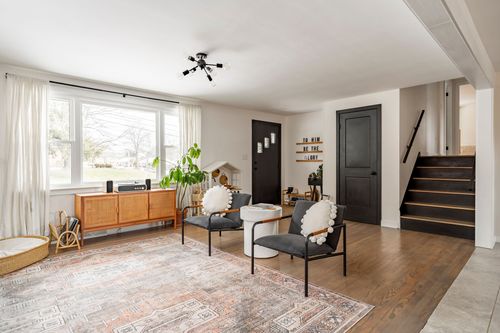 Living room corner with wicker credenza, houseplants and patterned area rug