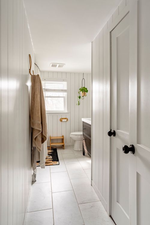 Narrow bathroom with shiplap walls, hanging plant and marble tile floor
