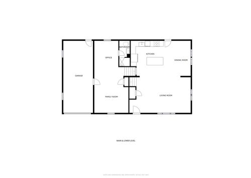 Floor plan diagram of a home's main and lower level, showing kitchen, living room and garage