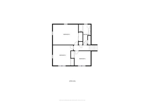 Floor plan diagram of a home's upper level, showing three bedrooms and a bathroom
