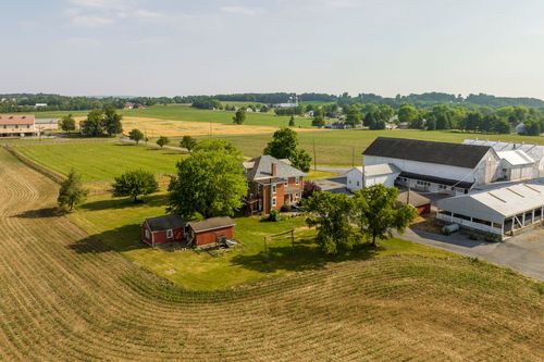 Wood-fenced pasture with a shade tree and a distant farm complex on the horizon