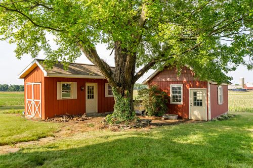 Two connected red outbuildings shaded by a large tree beside open farmland