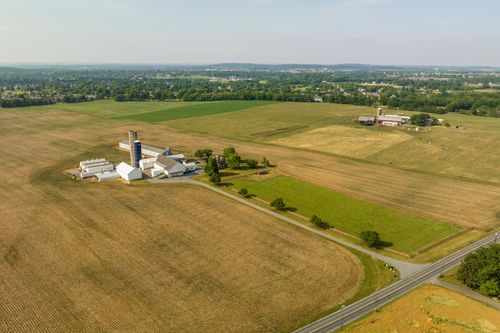 Aerial view of a farm complex with silo and barns bordered by a tree-lined lane and open fields