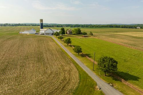 Aerial view of a farm with silo and white barns beside a tree-lined lane and fenced pasture
