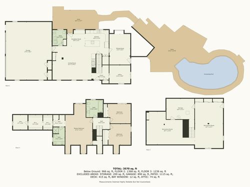 Floor plan diagram of the home showing living areas, garage, and curved pool layout