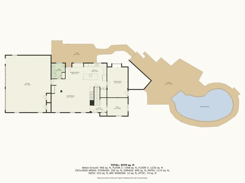 Floor plan diagram detailing room layout, deck, and the kidney-shaped pool