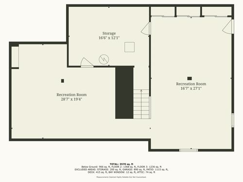 Floor plan diagram of the finished basement showing recreation rooms and storage