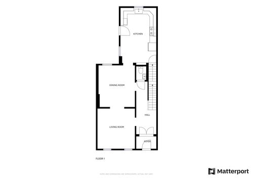 Floor plan diagram of the first floor, showing the kitchen, dining room, living room and hall.