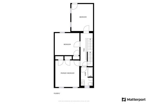Floor plan diagram of the second floor bedrooms, hallway and bathroom.