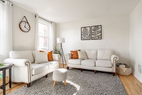 Living room with white nailhead sofas, a gray shag rug, and fern art prints