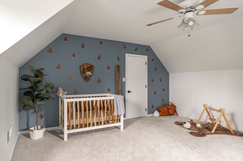 Nursery with a patterned navy accent wall, white crib and houseplant.