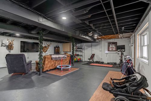 Finished basement rec room with mounted deer heads, leather sofa and a mini trampoline.