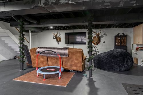 Basement rec room with a tan leather sofa, black bean bag and taxidermy mounts on the wall.
