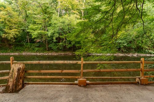 Creek view from a paved path with a wood split-rail fence and dense tree canopy.