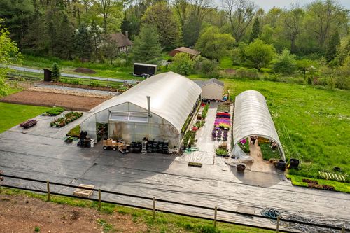 Aerial view of a nursery greenhouse with rows of hanging baskets and potted annuals for sale