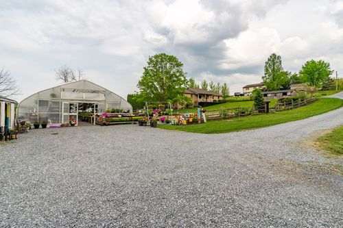 Hoop-house greenhouse exterior with rows of potted flowers along a gravel path at dusk