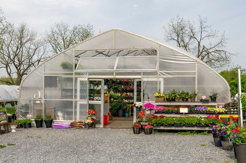 Greenhouse entrance filled with hanging plants, bagged mulch and colorful potted flowers